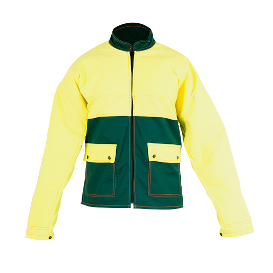 chaqueta amarilla y cerrada con cremallera en ropa anticorte para motosierra