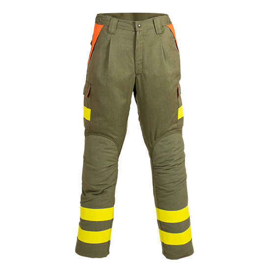 Pantalon multibolsillos cerrado con cremallera y broche en ropa de proteccion para calor y llama y bombero forestal