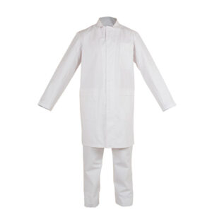 traje de protección química blanco con cremallera y botón