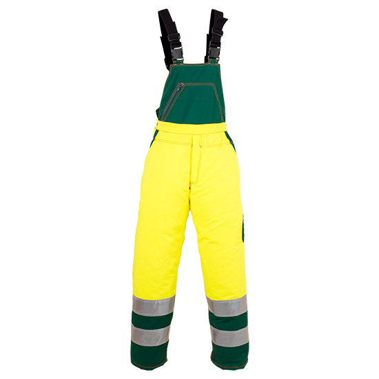 ropa anticorte para motosierra con pantalón amarillo y verde modo peto con tirantes
