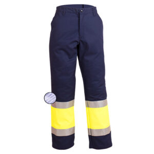 Pantalón azul reflectante con cremallera y botón en ropa de protección contra riesgos electrostáticos