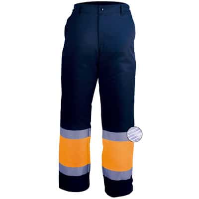Pantalon con cremallera y boton azul y naranja en ropa de proteccion contra riesgos electrostaticos