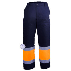 Pantalon con cremallera y boton azul y naranja en ropa de proteccion contra riesgos electrostaticos