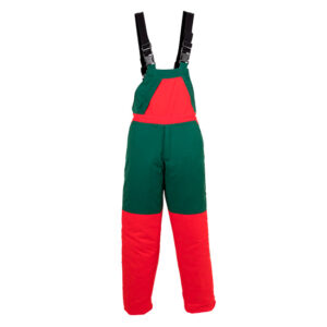 pantalón anticorte verde y rojo tipo peto con tirantes para motosierra