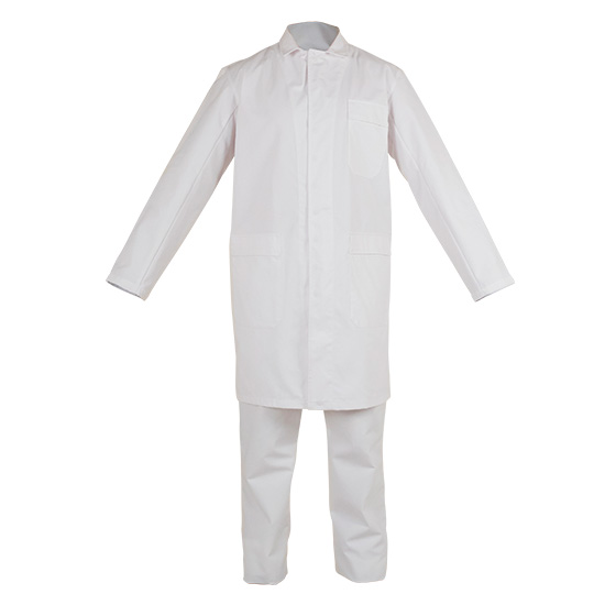 Bata blanca cerrada con broches en ropa de proteccion quimica como traje de protección química