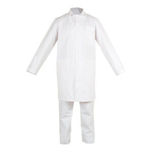 traje de protección química blanco con cremallera y botón